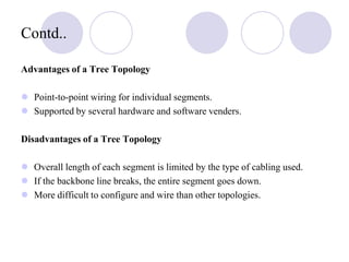 Contd..
Advantages of a Tree Topology
 Point-to-point wiring for individual segments.
 Supported by several hardware and software venders.
Disadvantages of a Tree Topology
 Overall length of each segment is limited by the type of cabling used.
 If the backbone line breaks, the entire segment goes down.
 More difficult to configure and wire than other topologies.
 