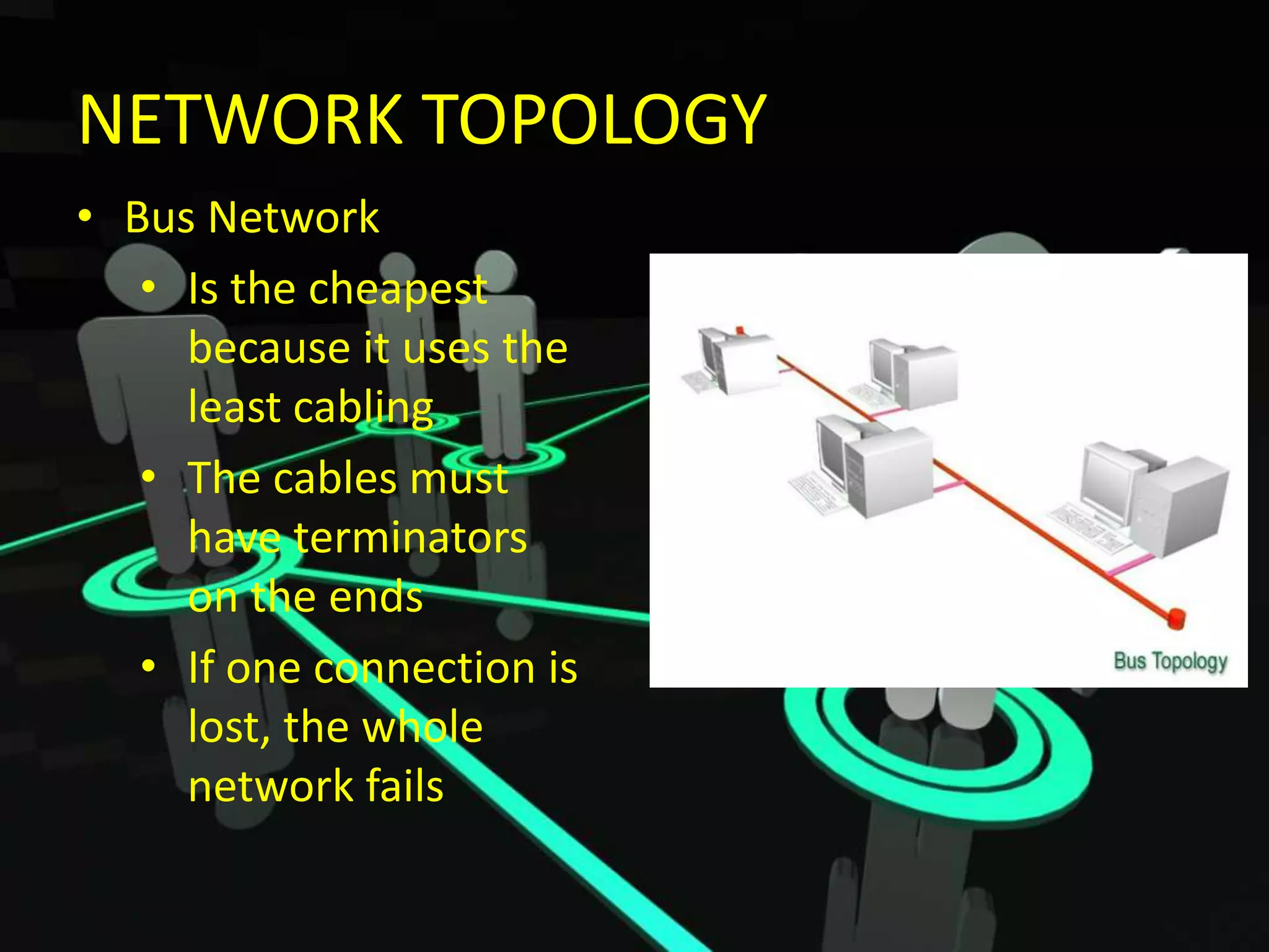 NETWORK TOPOLOGY
• Bus Network
• Is the cheapest
because it uses the
least cabling
• The cables must
have terminators
on the ends
• If one connection is
lost, the whole
network fails