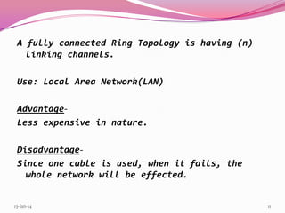 A fully connected Ring Topology is having (n)
linking channels.
Use: Local Area Network(LAN)
AdvantageLess expensive in nature.
DisadvantageSince one cable is used, when it fails, the
whole network will be effected.

13-Jan-14

11

 