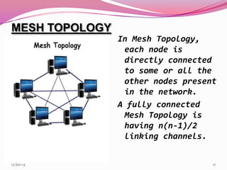 MESH TOPOLOGY
In Mesh Topology,
each node is
directly connected
to some or all the
other nodes present
in the network.
A fully connected
Mesh Topology is
having n(n-1)/2
linking channels.
13-Jan-14

17

 