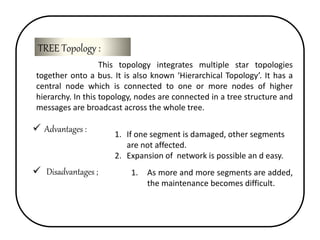 TREE Topology : 
This topology integrates multiple star topologies 
together onto a bus. It is also known ‘Hierarchical Topology’. It has a 
central node which is connected to one or more nodes of higher 
hierarchy. In this topology, nodes are connected in a tree structure and 
messages are broadcast across the whole tree. 
 Advantages : 1. If one segment is damaged, other segments 
are not affected. 
2. Expansion of network is possible an d easy. 
 Disadvantages ; 1. As more and more segments are added, 
the maintenance becomes difficult. 
 