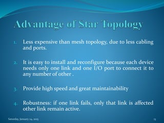 1. Less expensive than mesh topology, due to less cabling
and ports.
2. It is easy to install and reconfigure because each device
needs only one link and one I/O port to connect it to
any number of other .
3. Provide high speed and great maintainability
4. Robustness: if one link fails, only that link is affected
other link remain active.
Saturday, January 24, 2015 13
 
