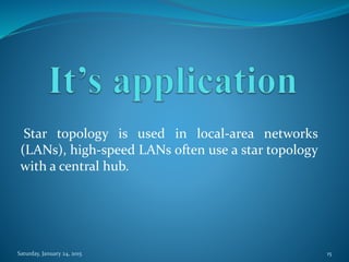 Star topology is used in local-area networks
(LANs), high-speed LANs often use a star topology
with a central hub.
Saturday, January 24, 2015 15
 