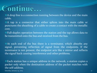 A drop line is a connection running between the device and the main
cable.
A tap is a connector that either splices into the main cable or
punctures the sheathing of a cable to create a contact with the metallic
core.
Full-duplex operation between the station and the tap allows data to
be transmitted onto the bus and received from the bus.
At each end of the bus there is a terminator, which absorbs any
signal, preventing reflection of signal from the endpoints. If the
terminator is not present, the endpoint acts like a mirror and reflects
the signal back causing interference and other problems.
Each station has a unique address in the network, a station copies a
packet only when the destination address of the packet matches with
the self-address.
Saturday, January 24, 2015 17
 