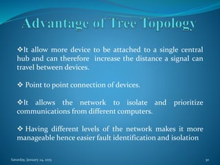 It allow more device to be attached to a single central
hub and can therefore increase the distance a signal can
travel between devices.
 Point to point connection of devices.
It allows the network to isolate and prioritize
communications from different computers.
 Having different levels of the network makes it more
manageable hence easier fault identification and isolation
Saturday, January 24, 2015 30
 