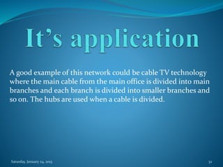 A good example of this network could be cable TV technology
where the main cable from the main office is divided into main
branches and each branch is divided into smaller branches and
so on. The hubs are used when a cable is divided.
Saturday, January 24, 2015 32
 