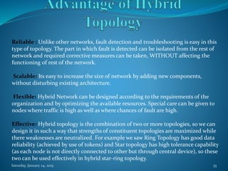 Reliable : Unlike other networks, fault detection and troubleshooting is easy in this
type of topology. The part in which fault is detected can be isolated from the rest of
network and required corrective measures can be taken, WITHOUT affecting the
functioning of rest of the network.
Scalable: Its easy to increase the size of network by adding new components,
without disturbing existing architecture.
Flexible: Hybrid Network can be designed according to the requirements of the
organization and by optimizing the available resources. Special care can be given to
nodes where traffic is high as well as where chances of fault are high.
Effective: Hybrid topology is the combination of two or more topologies, so we can
design it in such a way that strengths of constituent topologies are maximized while
there weaknesses are neutralized. For example we saw Ring Topology has good data
reliability (achieved by use of tokens) and Star topology has high tolerance capability
(as each node is not directly connected to other but through central device), so these
two can be used effectively in hybrid star-ring topology.
Saturday, January 24, 2015 35
 