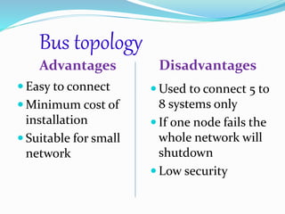 Bus topology
Advantages Disadvantages
 Easy to connect
 Minimum cost of
installation
 Suitable for small
network
 Used to connect 5 to
8 systems only
 If one node fails the
whole network will
shutdown
 Low security
 