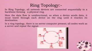 In Ring Topology, all network devices are connected sequentially to a
backbone forming a physical ring.
Here the data flow is unidirectional, so when a device sends data, it
must travel through each device on the ring until it reaches its
destination.
In a ring topology, there is no server computer present; all nodes work as
a server and repeat the signal.
Ring Topology:-
 