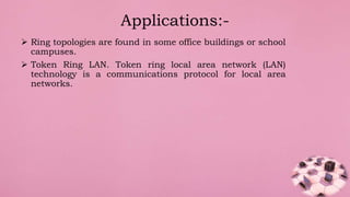  Ring topologies are found in some office buildings or school
campuses.
 Token Ring LAN. Token ring local area network (LAN)
technology is a communications protocol for local area
networks.
Applications:-
 