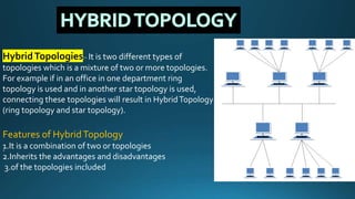 HybridTopologies:- It is two different types of
topologies which is a mixture of two or more topologies.
For example if in an office in one department ring
topology is used and in another star topology is used,
connecting these topologies will result in HybridTopology
(ring topology and star topology).
.
Features of HybridTopology
1.It is a combination of two or topologies
2.Inherits the advantages and disadvantages
3.of the topologies included
 