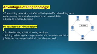 Advantages of Ring topology:
1.Transmitting network is not affected by high traffic or by adding more
nodes, as only the nodes having tokens can transmit data.
2.Cheap to install and expand.
Disadvantages of RingTopology
1.Troubleshooting is difficult in ring topology.
2.Adding or deleting the computers disturbs the network activity.
3.Failure of one computer disturbs the whole network.
 