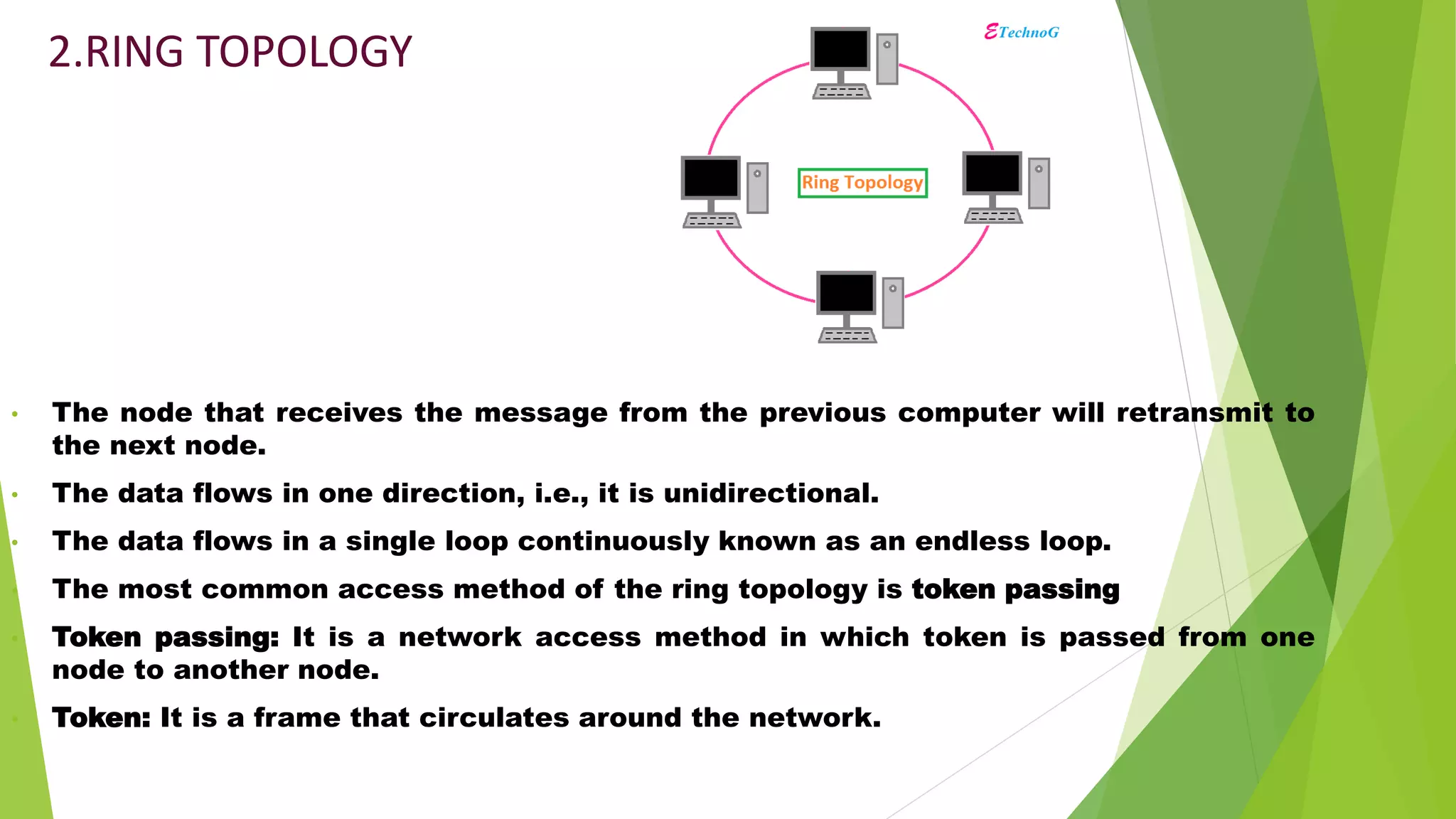 2.RING TOPOLOGY
• The node that receives the message from the previous computer will retransmit to
the next node.
• The data flows in one direction, i.e., it is unidirectional.
• The data flows in a single loop continuously known as an endless loop.
• The most common access method of the ring topology is token passing
• Token passing: It is a network access method in which token is passed from one
node to another node.
• Token: It is a frame that circulates around the network.
 