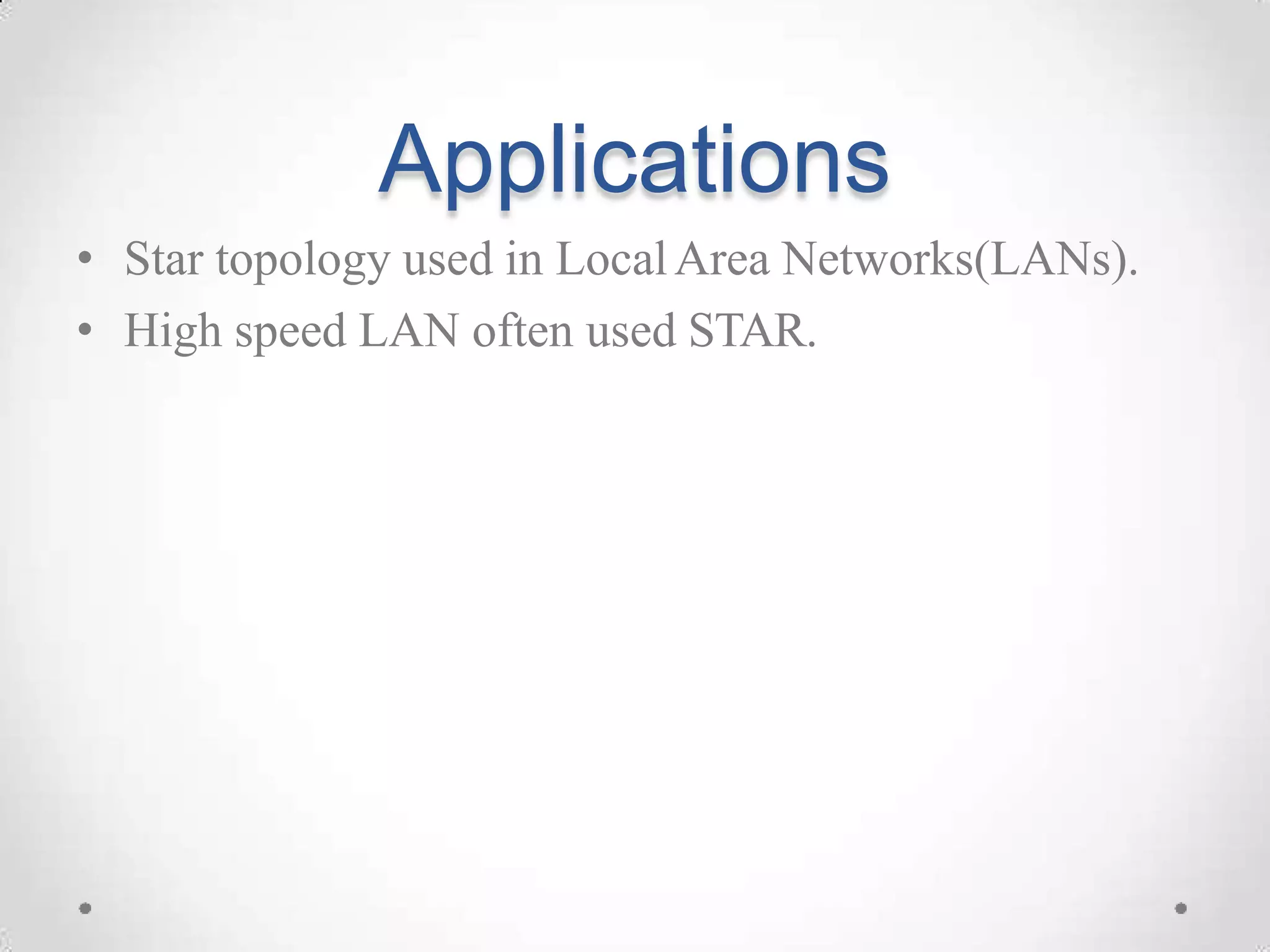 Applications
• Star topology used in LocalArea Networks(LANs).
• High speed LAN often used STAR.
 