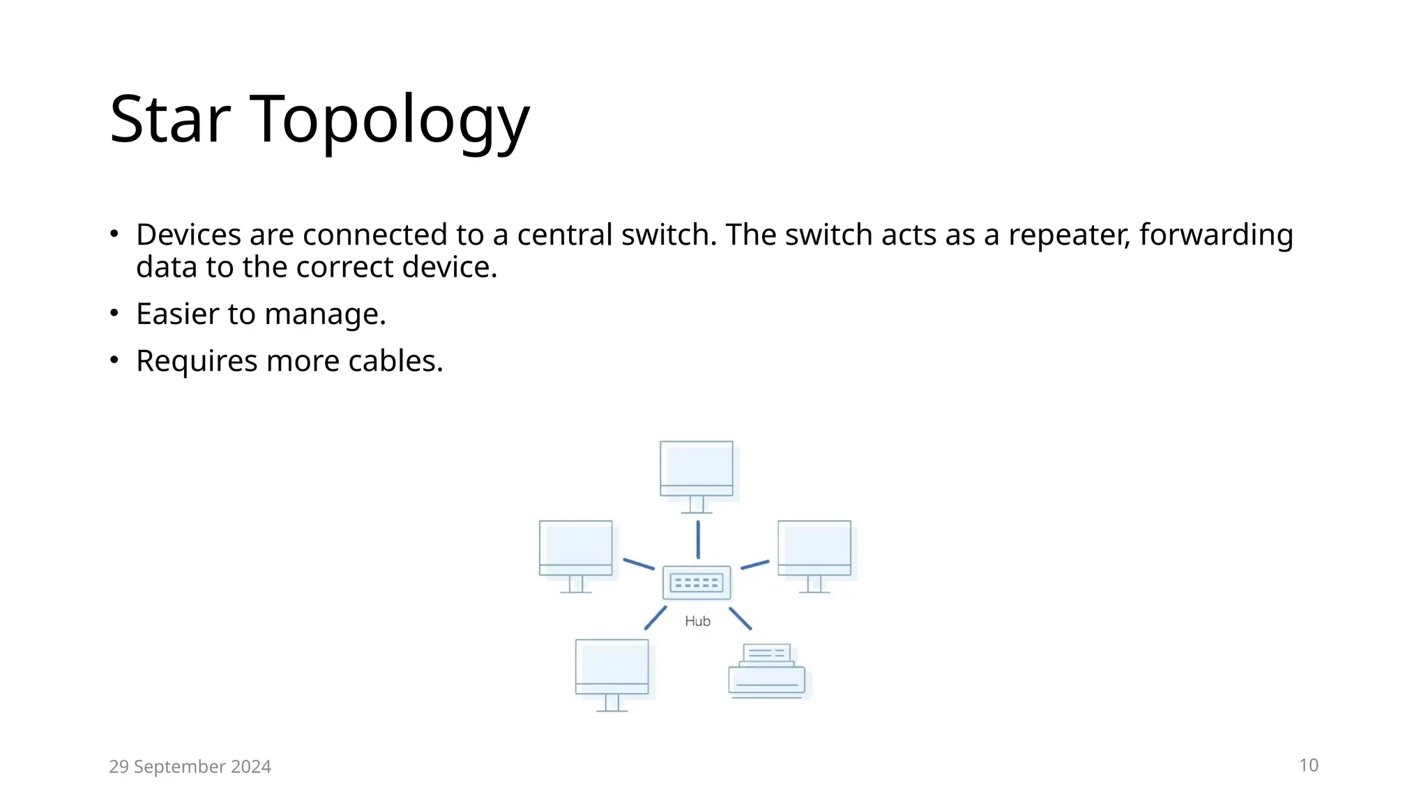 Star Topology
• Devices are connected to a central switch. The switch acts as a repeater, forwarding
data to the correct device.
• Easier to manage.
• Requires more cables.
29 September 2024 10
 
