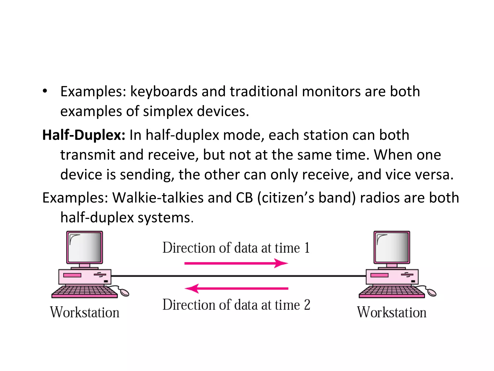• Examples: keyboards and traditional monitors are both
examples of simplex devices.
Half-Duplex: In half-duplex mode, each station can both
transmit and receive, but not at the same time. When one
device is sending, the other can only receive, and vice versa.
Examples: Walkie-talkies and CB (citizen’s band) radios are both
half-duplex systems.

 