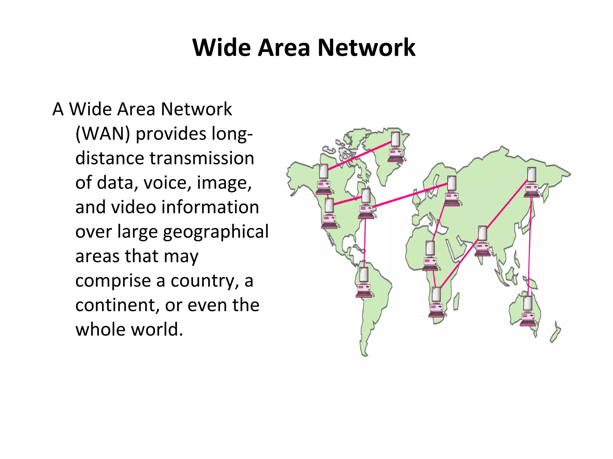 Wide Area Network
A Wide Area Network
(WAN) provides longdistance transmission
of data, voice, image,
and video information
over large geographical
areas that may
comprise a country, a
continent, or even the
whole world.

 