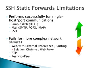  Performs successfully for single-
host/port communications
◦ Simple Web (HTTP)
◦ Mail (SMTP, POP3, IMAP)
◦ SSH
 Fails for more complex network
services
◦ Web with External References / Surfing
 Solution: Chain to a Web Proxy
◦ FTP
◦ Peer-to-Peer
 