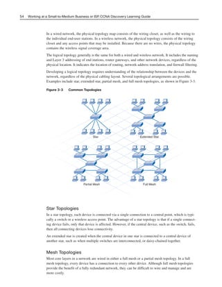In a wired network, the physical topology map consists of the wiring closet, as well as the wiring to
the individual end-user stations. In a wireless network, the physical topology consists of the wiring
closet and any access points that may be installed. Because there are no wires, the physical topology
contains the wireless signal coverage area.
The logical topology generally is the same for both a wired and wireless network. It includes the naming
and Layer 3 addressing of end stations, router gateways, and other network devices, regardless of the
physical location. It indicates the location of routing, network address translation, and firewall filtering.
Developing a logical topology requires understanding of the relationship between the devices and the
network, regardless of the physical cabling layout. Several topological arrangements are possible.
Examples include star, extended star, partial mesh, and full mesh topologies, as shown in Figure 3-3.
Figure 3-3 Common Topologies
54 Working at a Small-to-Medium Business or ISP, CCNA Discovery Learning Guide
Star Topologies
In a star topology, each device is connected via a single connection to a central point, which is typi-
cally a switch or a wireless access point. The advantage of a star topology is that if a single connect-
ing device fails, only that device is affected. However, if the central device, such as the switch, fails,
then all connecting devices lose connectivity.
An extended star is created when the central device in one star is connected to a central device of
another star, such as when multiple switches are interconnected, or daisy-chained together.
Mesh Topologies
Most core layers in a network are wired in either a full mesh or a partial mesh topology. In a full
mesh topology, every device has a connection to every other device. Although full mesh topologies
provide the benefit of a fully redundant network, they can be difficult to wire and manage and are
more costly.
Star Extended Star
Partial Mesh Full Mesh
04_2109_ch03.qxd 4/8/08 3:31 PM Page 54
 
