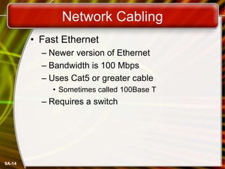 9A-14
Network Cabling
• Fast Ethernet
– Newer version of Ethernet
– Bandwidth is 100 Mbps
– Uses Cat5 or greater cable
• Sometimes called 100Base T
– Requires a switch
 