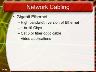 9A-15
Network Cabling
• Gigabit Ethernet
– High bandwidth version of Ethernet
– 1 to 10 Gbps
– Cat 5 or fiber optic cable
– Video applications
 