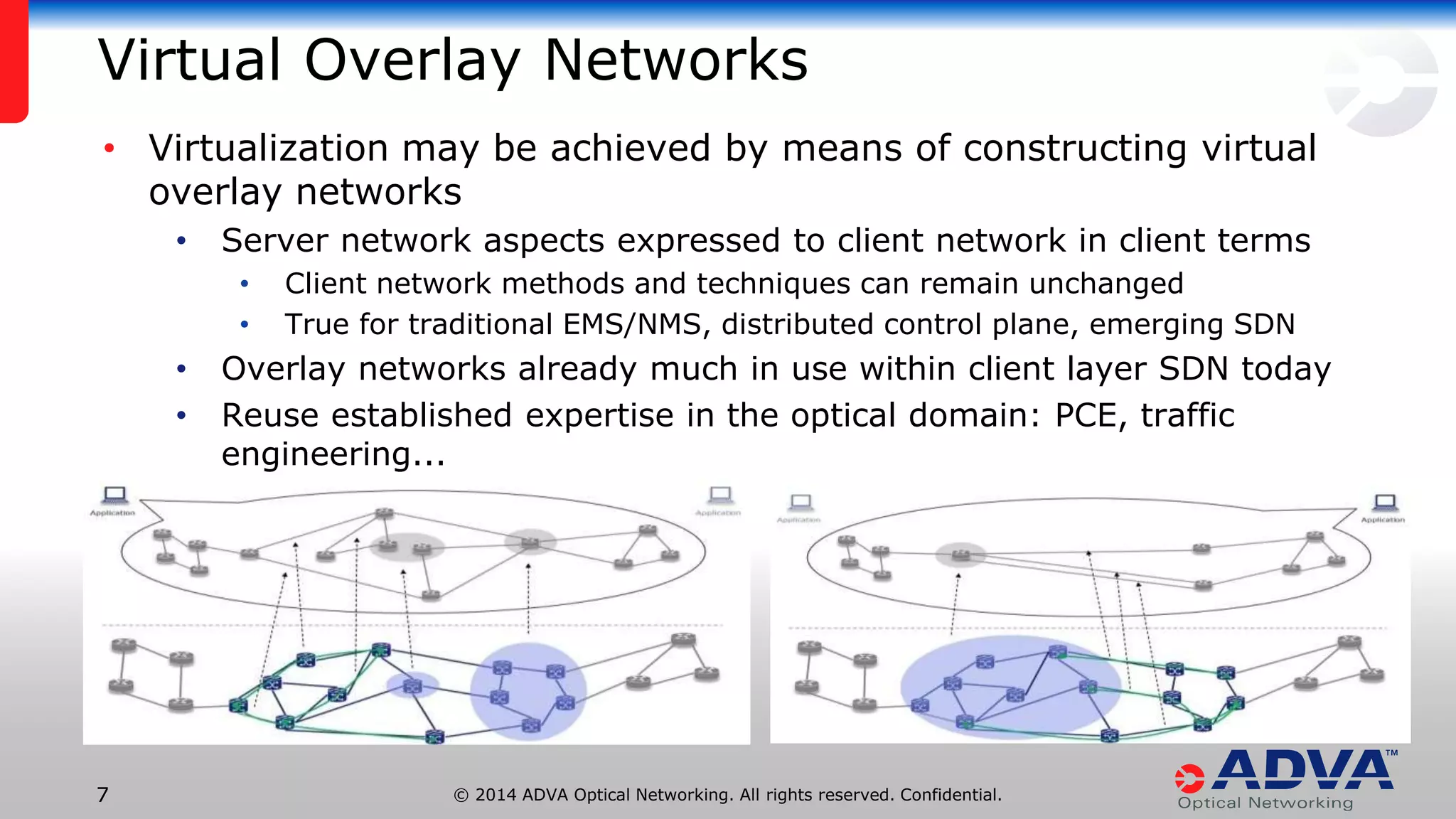© 2014 ADVA Optical Networking. All rights reserved. Confidential.77
Virtual Overlay Networks
• Virtualization may be achieved by means of constructing virtual
overlay networks
• Server network aspects expressed to client network in client terms
• Client network methods and techniques can remain unchanged
• True for traditional EMS/NMS, distributed control plane, emerging SDN
• Overlay networks already much in use within client layer SDN today
• Reuse established expertise in the optical domain: PCE, traffic
engineering...
 