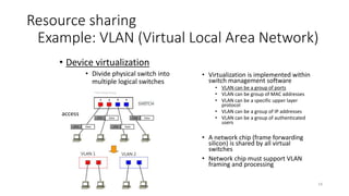 Infrastructure sharing
Example: VLAN (Virtual Local Area Network)
15
• Link virtualization
• Divide physical link into
multiple logical links
SWITCH #1 SWITCH #2
ETH 1 Data ETH 2 Data ETH 1 Data
1 2 3 4 5 5
• Link virtualization is done by network
protocol (new Ethernet header 802.1Q)
• Ethernet frame contains new fields
• Link bandwidth is shared between VLANs
trunk
• Virtual links can be isolated one from each
other by setting rate limitation per vlan
 