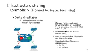 30
Infrastructure sharing
Example: VRF (Virtual Routing and Forwarding)
• Link virtualization
• We need to use some
other network technology
to share a link between
many VRFs traffics
• We can use:
• VLANs
• MPLS
• GRE tunnels
• IP-in-IP
®infrastructureadventures
 