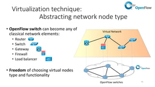 46
Virtualization technique:
Network slicing
Ingress
port
Eth src Eth dst
Ether
type
VLAN id
VLAN
priority
IP src IP dst
IP
proto
IP ToS
bits
TCP/UDP
src ports
TCP/UDP
dst ports
Possible only in OpenFlow networks:
• Defined with notion of flowspace (the set of all possible
header values defined by the OpenFlow tuple)
• The slice (virtual network) is any subset of OpenFlow
flowspace:
• To a slice belongs all frames with specific values of header
fields
• Network segmentation on any network protocol or
combination of network protocols (we can emulate VLAN,
MPLS, IP segmentation and any other technique)
• OpenFlow controller can set flow entries within a slice
• Very flexible approach for network sharing
OpenFlow 1.0 tuple:
®ON.Lab
 