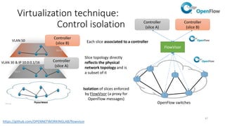 48
Virtualization technique:
Topology abstraction
Topology abstraction:
• Virtual network topology can
be different than physical
topology
• Controller can see
simplified topology
• Collapse multi-hop path
into one-hop link
• Hosts (endpoints) could be
part of virtual network or not
Demo:
VM
OpenVirteX – A Network Hypervisor that
supports Topology, Address Space, and
Control Isolation
Network OS Network OS Network OS
Physical Network
www.openvirtex.org
®ON.Lab
 