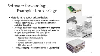 Kernel
57
Software forwarding:
Example: Linux bridge
• Software Implementation of the network switch
• Connects physical and logical (virtual) network interfaces available in Linux
• Works in Linux Kernel
• Visible as logical network device in the Linux
Logical NIC
Logical NIC
Logical NIC
Physical NIC
Physical NIC
Linux server
Linux
bridge
 