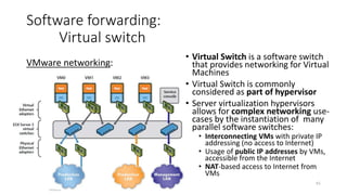 62
Software link:
Example: Linux veth
• veth is pure software link (Linux virtual link)
• veth is composed of a pair of virtual network interfaces connected back-to-back together
• Ethernet frame sent to one end of the veth pair is received by the other end of the veth
pair
Kernel
Linux server
User space
Virtual NIC
Any application
Open socket
VETH
Virtual NIC
Any application
Open socket
# Create a veth pair of interfaces:
ip link add dev veth0 type veth peer name veth1
# Set IP addresses on veth interfaces:
ip addr add 10.0.0.1/24 dev veth0
ip addr add 10.0.0.2/24 dev veth1
# Bring network interfaces up:
ip link set dev veth0 up
ip link set dev veth1 up
veth0
veth1
veth creation in Linux:
 