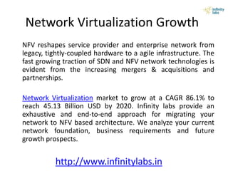 Network Virtualization Growth
NFV reshapes service provider and enterprise network from
legacy, tightly-coupled hardware to a agile infrastructure. The
fast growing traction of SDN and NFV network technologies is
evident from the increasing mergers & acquisitions and
partnerships.
Network Virtualization market to grow at a CAGR 86.1% to
reach 45.13 Billion USD by 2020. Infinity labs provide an
exhaustive and end-to-end approach for migrating your
network to NFV based architecture. We analyze your current
network foundation, business requirements and future
growth prospects.
http://www.infinitylabs.in