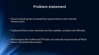 Problem statement
• Cloud computing has increased the requirements on the network
infrastructure.
• Traditional Data center networks are less scalable, complex and inflexible.
• Technologies like VLANs and STP does not meet the requirements of Multitenant virtualized data centers.

 