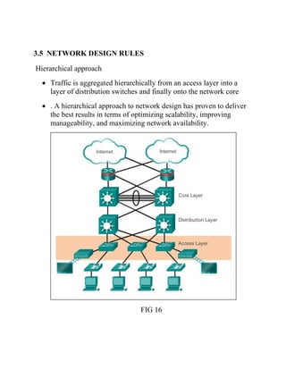 3.5 NETWORK DESIGN RULES
Hierarchical approach
• Traffic is aggregated hierarchically from an access layer into a
layer of distribution switches and finally onto the network core
• . A hierarchical approach to network design has proven to deliver
the best results in terms of optimizing scalability, improving
manageability, and maximizing network availability.
FIG 16
 