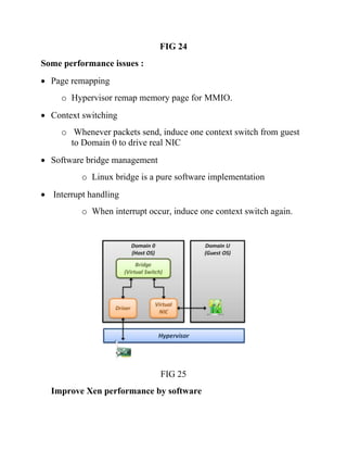 FIG 24
Some performance issues :
• Page remapping
o Hypervisor remap memory page for MMIO.
• Context switching
o Whenever packets send, induce one context switch from guest
to Domain 0 to drive real NIC
• Software bridge management
o Linux bridge is a pure software implementation
• Interrupt handling
o When interrupt occur, induce one context switch again.
FIG 25
Improve Xen performance by software
 