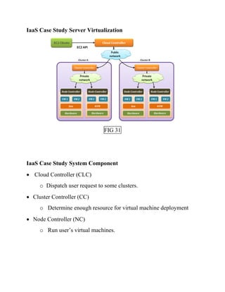 IaaS Case Study Server Virtualization
FIG 31
IaaS Case Study System Component
• Cloud Controller (CLC)
o Dispatch user request to some clusters.
• Cluster Controller (CC)
o Determine enough resource for virtual machine deployment
• Node Controller (NC)
o Run user’s virtual machines.
 