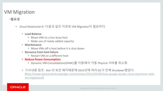 Copyright © 2014 Oracle and/or its affiliates. All rights reserved. |
VM Migration
•필요성
• Cloud DataCenter는 다음과 같은 이유로 VM Migration이 필요하다.
• Load Balance
• Move VMs to a less busy host
• Make use of newly-added capacity
• Maintenance
• Move VMs off a host before it is shut down
• Recovery from host failure
• Restart VM on a different host
• Reduce Power Consumption
• Dynamic VM Consolidation(DVMC)를 이용해서 가동 Physical 서버를 최소화
• 기사내용 참조 : Xen 의 보안 패치때문에 2014년에 여러 DC가 전체 Shutdown했었다.
(http://www.datacenterknowledge.com/archives/2015/03/06/how-google-avoids-cloud-downtime-with-
vm-migration/)
 