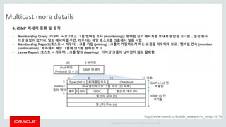 Copyright © 2014 Oracle and/or its affiliates. All rights reserved. |
Multicast more details
http://www.ktword.co.kr/abbr_view.php?m_temp1=1716
4. IGMP 메세지 종류 및 동작
- Membership Query (라우터 -> 호스트) . 그룹 멤버쉽 조사 (monitoring) : 멤버쉽 질의 메시지를 보내서 응답을 기다림 .. 일정 횟수
이상 응답이 없거나, 탈퇴 메세지를 주면, 라우터는 해당 호스트를 그룹에서 탈퇴 시킴
- Membership Report (호스트 -> 라우터) . 그룹 가입 (joining) : 그룹에 가입하고자 하는 요청을 라우터에 보고 . 멤버쉽 연속 (member
continuation) : 계속해서 해당 그룹에 남기를 원하는 보고
- Leave Report (호스트 -> 라우터) . 그룹 탈퇴 (leavinig) : 더이상 그룹에 남아있지 않고 탈퇴함
 