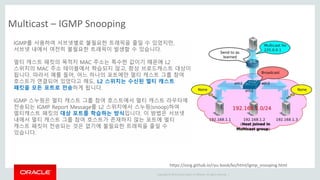 Copyright © 2014 Oracle and/or its affiliates. All rights reserved. |
Multicast – IGMP Snooping
https://osrg.github.io/ryu-book/ko/html/igmp_snooping.html
IGMP를 사용하여 서브넷별로 불필요한 트래픽을 줄일 수 있었지만,
서브넷 내에서 여전히 불필요한 트래픽이 발생할 수 있습니다.
멀티 캐스트 패킷의 목적지 MAC 주소는 특수한 값이기 때문에 L2
스위치의 MAC 주소 테이블에서 학습되지 않고, 항상 브로드캐스트 대상이
됩니다. 따라서 예를 들어, 어느 하나의 포트에만 멀티 캐스트 그룹 참여
호스트가 연결되어 있었다고 해도, L2 스위치는 수신된 멀티 캐스트
패킷을 모든 포트로 전송하게 됩니다.
IGMP 스누핑은 멀티 캐스트 그룹 참여 호스트에서 멀티 캐스트 라우터에
전송되는 IGMP Report Message를 L2 스위치에서 스누핑(snoop)하여
멀티캐스트 패킷의 대상 포트를 학습하는 방식입니다. 이 방법은 서브넷
내에서 멀티 캐스트 그룹 참여 호스트가 존재하지 않는 포트에 멀티
캐스트 패킷이 전송되는 것은 없기에 불필요한 트래픽을 줄일 수
있습니다.
 