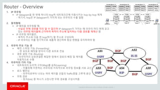Copyright © 2014 Oracle and/or its affiliates. All rights reserved. |
Router - Overview
1. IP 라우팅
 IP datagram을 한 번에 하나의 Hop씩 네트워크간에 이동시키는 hop-by-hop 체계
- 여기서, hop은 IP datagram이 거치게 되는 라우터의 수를 말함
2. 동작형태
 IP 패킷을 라우팅할 때,
- 사실상 전체 경로를 미리 알 수 없으며 IP datagram이 거치는 매 라우터 마다 현재 갖고
있는 라우팅 테이블에 근거하여 목적지 주소에 일치하는 다음 경로를 재계산 함
 IP 라우팅 테이블은,
- 목적지 주소와 다음 번 hop(뛰기) 할 주소로 구성되며,
- IP 라우터는 이를 정기적으로 새롭게 갱신하며 항상 현행을 유지하여야 함
3. 라우터 주요 기능 셋
 패킷 스위칭 기능 (Forwarding)
- 한 포트로 패킷을 받아서 다른 포트로 전송
 경로 설정 기능 (Routing)
- 라우터끼리 상호연결된 복잡한 망에서 경로의 배정 및 제어를
자동적으로 수행
4. 라우터의 기타 기능
 네트워크의 논리적 구조(Map)를 습득(Learning)
- 이를위해 이웃하는 라우터와 지속적으로 라우팅 정보를 서로 교신
 로드 밸런싱
- 라우터로부터 나오는 여러 케이블 선들의 Traffic량을 고루게 분산
 우회 경로
- 링크(link) 중 하나가 고장나면 우회 경로를 구성시켜줌
 