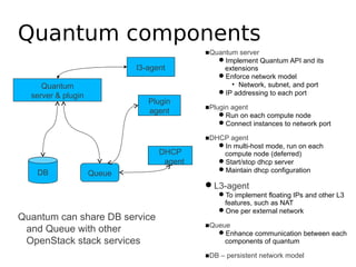 Quantum components
                                           ■Quantum server
                                              Implement Quantum API and its
                            l3-agent            extensions
                                              Enforce network model
     Quantum                                      • Network, subnet, and port
                                              IP addressing to each port
  server & plugin
                               Plugin
                                           ■Plugin agent
                               agent           Run on each compute node
                                               Connect instances to network port

                                           ■DHCP agent
                                              In multi-host mode, run on each
                                  DHCP         compute node (deferred)
                                   agent      Start/stop dhcp server
   DB                                         Maintain dhcp configuration
                    Queue
                                           L3-agent
                                               To implement floating IPs and other L3
                                                features, such as NAT
                                               One per external network
Quantum can share DB service
                                           ■Queue
 and Queue with other                         Enhance communication between each
 OpenStack stack services                       components of quantum

                                           ■DB – persistent network model
 