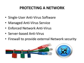 PROTECTING A NETWORK

•   Single-User Anti-Virus Software
•   Managed Anti-Virus Service
•   Enforced Network Anti-Virus
•   Server-based Anti-Virus
•   Firewall to provide external Network security
 