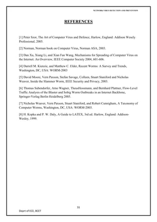 NETWORK VIRUS DETECTION AND PREVENTION




                                  REFERENCES


[1] Peter Szor, The Art of Computer Virus and Defence, Harlow, England: Addison Wesely
Professional, 2005.

[2] Norman, Norman book on Computer Virus, Norman ASA, 2003.

[3] Dan Xu, Xiang Li, and Xian Fan Wang, Mechanisms for Spreading of Computer Virus on
the Internet: An Overview, IEEE Computer Society 2004, 601-606.

[4] Darrell M. Kienzie, and Matthew C. Elder, Recent Worms: A Survey and Trends,
Washington, DC, USA: WORM-2003

[5] David Moore, Vern Paxson, Stefan Savage, Colleen, Stuart Staniford and Nicholas
Weaver, Inside the Slammer Worm, IEEE Security and Privacy, 2003.

[6] Thomas Subendorfer, Arno Wagner, TheusHossmann, and Bernhard Plattner, Flow-Level
Traffic Analysis of the Blaster and Sobig Worm Outbreaks in an Internet Backbone,
Springer-Verlag Berlin Heidelberg 2005.

[7] Nicholas Weaver, Vern Paxson, Stuart Staniford, and Robert Cunnigham, A Taxonomy of
Computer Worms, Washington, DC, USA: WORM-2003.

[8] H. Kopka and P. W. Daly, A Guide to LATEX, 3rd ed. Harlow, England: Addison-
Wesley, 1999.




                                            31
Deprt of ECE, BCET
 