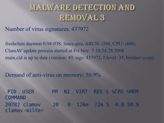 Number of virus signatures: 437972

freshclam daemon 0.94 (OS: linux-gnu, ARCH: i386, CPU: i486)
ClamAV update process started at Fri Nov 7 18:24:28 2008
main.cld is up to date (version: 49, sigs: 437972, f-level: 35, builder: sven)


Demand of anti-virus on memory: 50.9%

 PID USER               PR    NI     VIRT     RES S %CPU %MEM
COMMAND
20782 clamav             20     0    126m     72m S      0.0 50.9
clamav-milter
 