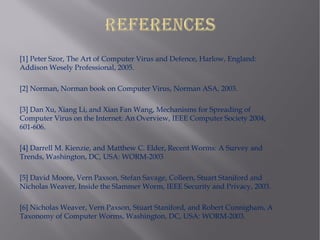 [1] Peter Szor, The Art of Computer Virus and Defence, Harlow, England:
Addison Wesely Professional, 2005.

[2] Norman, Norman book on Computer Virus, Norman ASA, 2003.

[3] Dan Xu, Xiang Li, and Xian Fan Wang, Mechanisms for Spreading of
Computer Virus on the Internet: An Overview, IEEE Computer Society 2004,
601-606.

[4] Darrell M. Kienzie, and Matthew C. Elder, Recent Worms: A Survey and
Trends, Washington, DC, USA: WORM-2003

[5] David Moore, Vern Paxson, Stefan Savage, Colleen, Stuart Staniford and
Nicholas Weaver, Inside the Slammer Worm, IEEE Security and Privacy, 2003.

[6] Nicholas Weaver, Vern Paxson, Stuart Staniford, and Robert Cunnigham, A
Taxonomy of Computer Worms, Washington, DC, USA: WORM-2003.
 