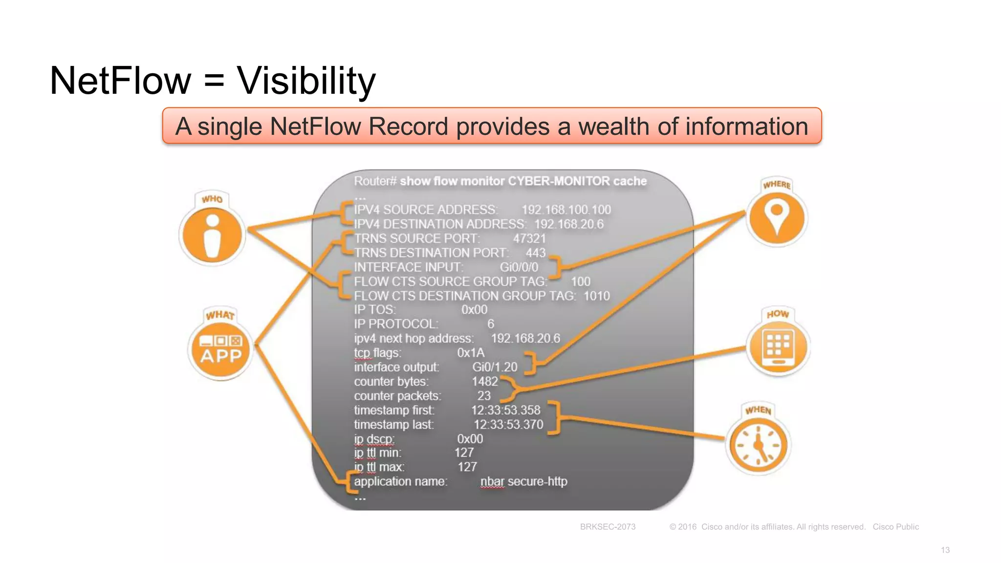 NetFlow = Visibility
A single NetFlow Record provides a wealth of information
 