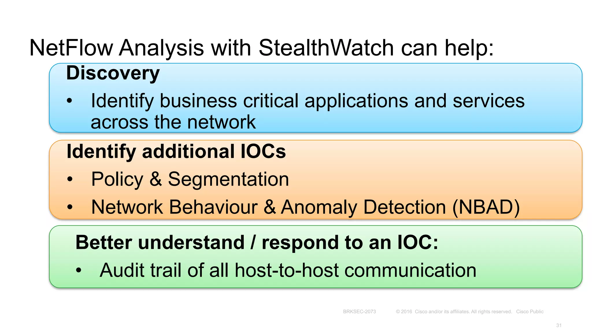 NetFlow Analysis with StealthWatch can help:
Identify additional IOCs
• Policy & Segmentation
• Network Behaviour & Anomaly Detection (NBAD)
Better understand / respond to an IOC:
• Audit trail of all host-to-host communication
Discovery
• Identify business critical applications and services
across the network
 
