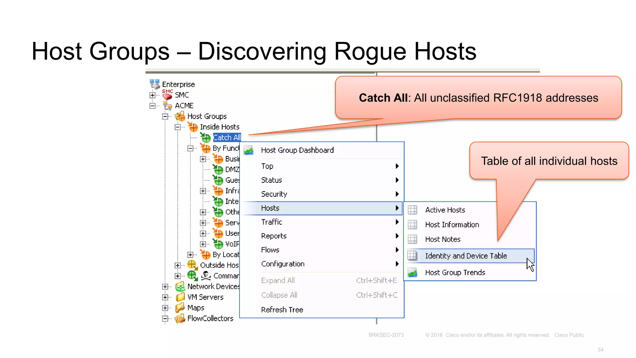 Host Groups – Discovering Rogue Hosts
Catch All: All unclassified RFC1918 addresses
Table of all individual hosts
 