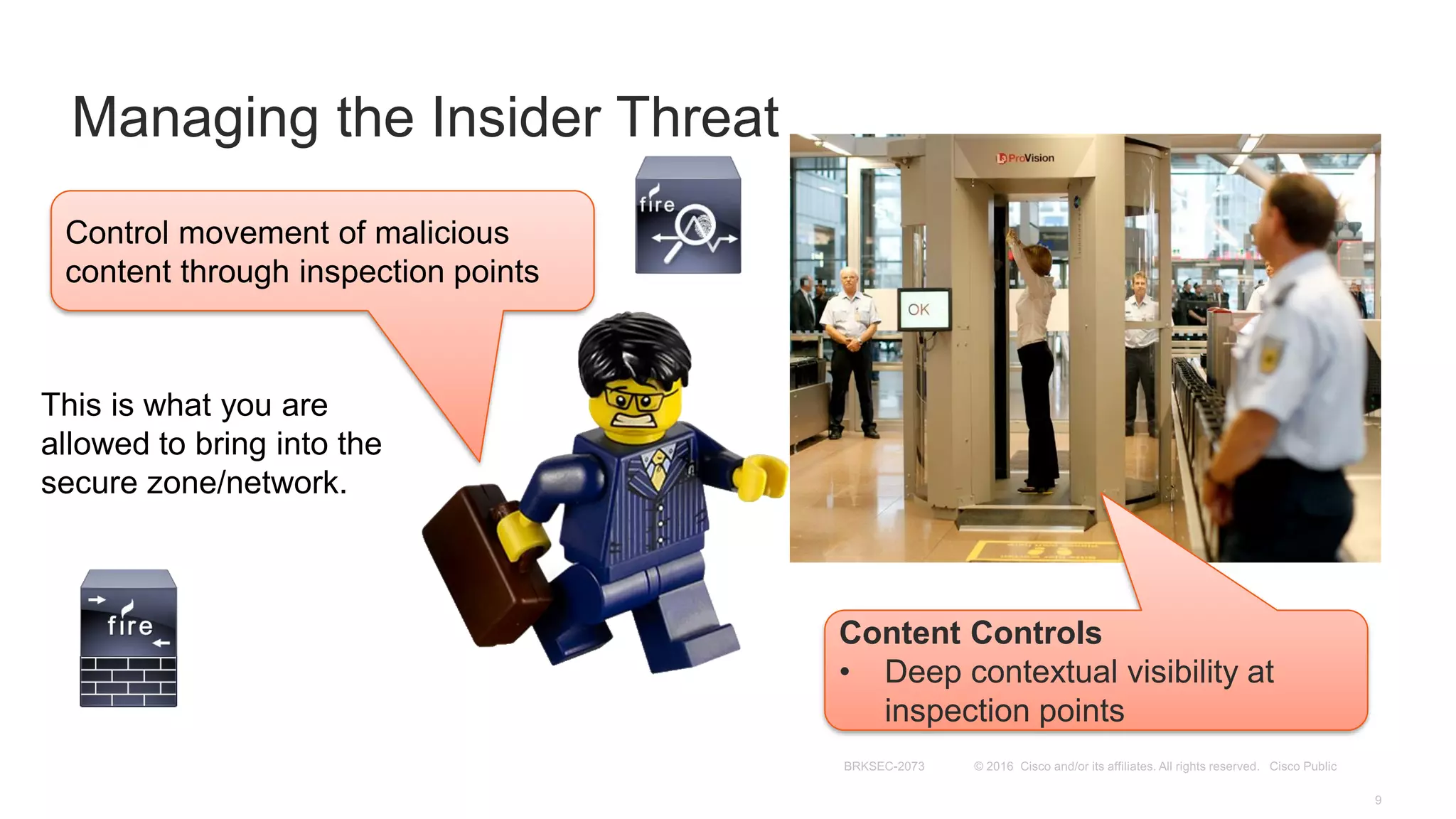 Managing the Insider Threat
Control movement of malicious
content through inspection points
Content Controls
• Deep contextual visibility at
inspection points
This is what you are
allowed to bring into the
secure zone/network.
 